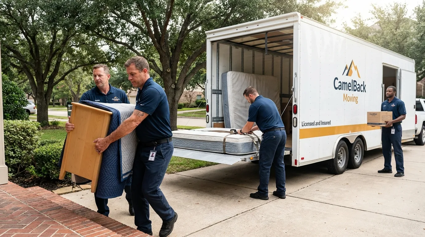 Crew loading residential truck for cross-state move from Hollister, CA