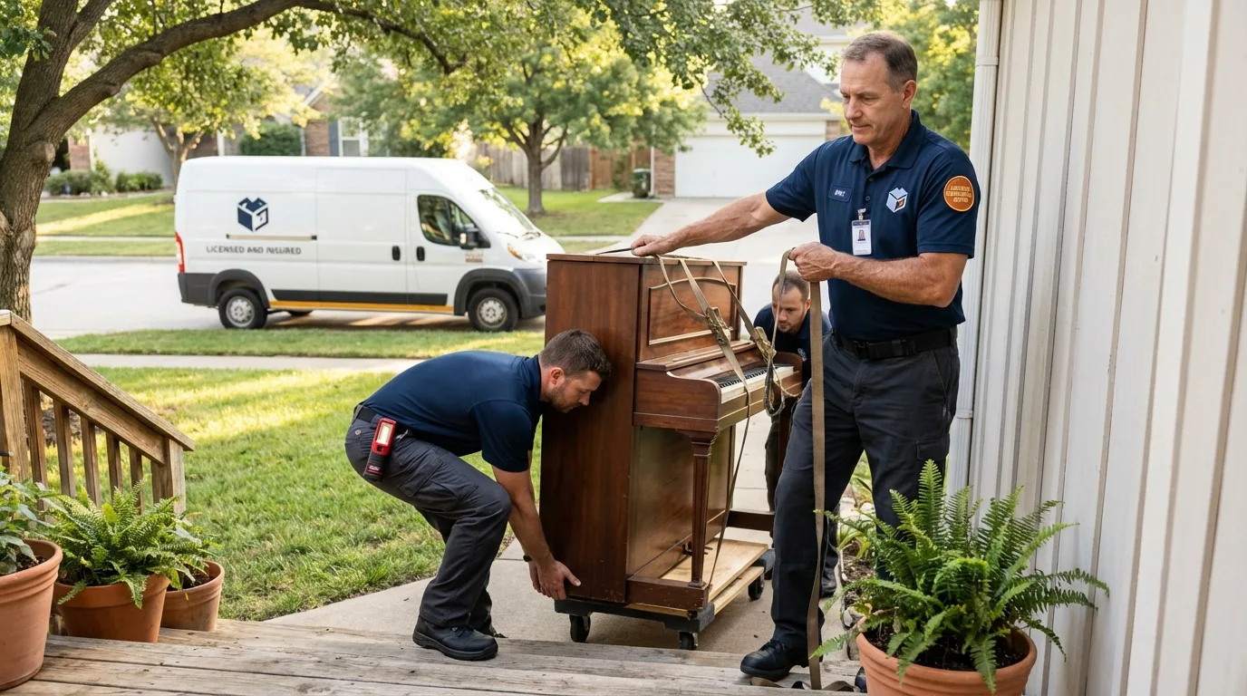 Licensed piano movers securing grand piano in Hollister, CA