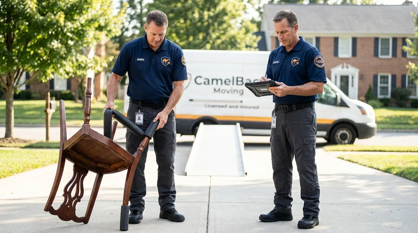 Movers inspecting furniture for damage prevention before loading in Hollister, CA