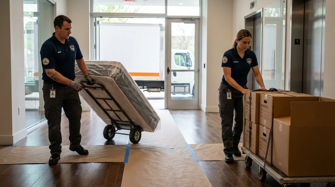 Professional apartment movers loading elevator in Hollister, CA